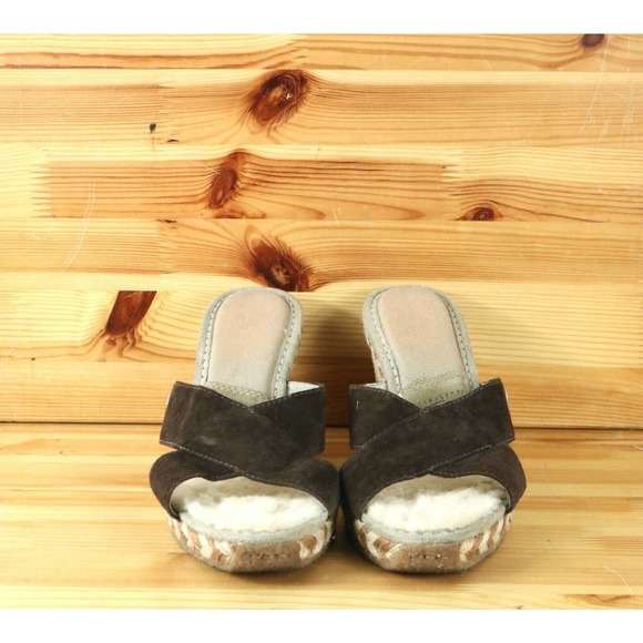 UGG Women's Suede Wedge Sandals Fur lined Brown Size 8 Shoes Slip Ons 1689 - Picture 2 of 8